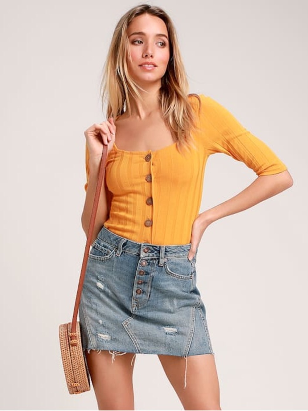 Free People Central Park Ribbed Button Cardigan Top XS 70s Retro Fall Mustard